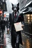Placeholder: Werewolf in a suit walking the streets of Soho in the rain. He's holding a resraurant menu in his hand. There is a Chinese restaurant called Lee Ho Fuk's in the background. Photograph.
