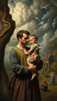 Placeholder: Hieronymus Bosch style , a man holding his young son who is standing in front of him in romantic trajectories, 4k