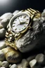 Placeholder: Generate an image featuring a solid gold watch placed on a bed of rocks or crystals, symbolizing the watch's durability and resilience while adding a touch of natural elegance.
