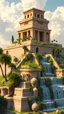 Placeholder: photo of temple of the top of ziggurat with gardens, ancient Babylon, sumerian architecture, Mesopotamia, ziggurat, palm trees, waterfalls, fountains , hanging gardens of Babylon, ancient architecture