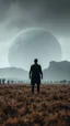 Placeholder: A field of random people at the end of the picture gray background an giant dark shadow of Stone Age human figure standing in under blurry gray planet cinematic, 8k