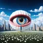 Placeholder: A surrealistic landscape of a dreamlike world. There's a giant eye with a tiny person standing on its iris. The eye is surrounded by clouds. In the background, there's a city with buildings that resemble teeth. The ground is covered with small, white flowers.