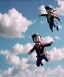 Placeholder: Ultra realistic clouds sky scene, medium shot view, portrait, sweet monster Childs free jumping flying, trinkets, jelly beans, helmet, smile, happy, Wes Anderson style, Peter Pan, inflatable color clothing, extreme, wind, clouds sea, 20,000 feet altitude, stratosphere, soft color, highly detailed, unreal engine 5, ray tracing, RTX, lumen lighting, ultra detail, volumetric lighting, 3d, finely drawn, high definition, high resolution.