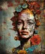 Placeholder:  an abstract painting of rusted metal and flowers, african portrait, rust, scaffolding, iron cladding, decay, mixed media, textured, anatomically correct, beautiful perfect face, sharp focus, highly detailed, injured face