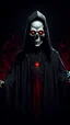 Placeholder: A creepy figure in a black robe with a face like a skull with red eyes points to the center of the screen on a black background