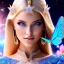 Placeholder: Full body Princess, sexy woman blondie, make up, beautiful smiling face,blue eyes, beautiful place,amazing, flowers, colors, blue and pink butterfly, realistic, photo real, stars night, detailed, high contrast, 8k high definition, unreal engine 5, extremely sharp detail, light effect, light background