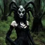 Placeholder: [photo for Pan's Labyrinth (2006)] Goth Japanese demonic alien xenomorph clown woman as a xenomorph as a lingerie model with "black lace" fantasy in a xenomorph with tar and trad goth costume gothic killstar clothing with lace and black slime tar designs on the clothing in the movie "blair witch project" at night with moonlight, from a 1970s movie,
