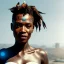 Placeholder: One beautiful portrait of one cyberpunk cyborg black tribal woman with lot's of grain on her skin and big tribal tatoos all over the skin, blue eyes, with natural hair floating in the wind cyborg smiling facing camera orange color scheme, high key lighting, volumetric light high details with white stripes and feathers unreal 5, octane render, cinema4d, dynamic lighting, dramatic lighting, 4k, redshift render, highly detailed, hyper realistic