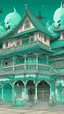 Placeholder: A mint colored mansion with ghosts designed in Japanese Oni masks painted by Utagawa Hiroshige