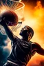 Placeholder: 8k, highly realistic and detailed image of a NBA basketball player in action dunking the ball in the net, sweaty hair, screaming look,action and smoke and flames background