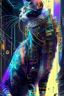 Placeholder: Ilustración lineal arte conceptual de un gato Calicó cyberpunk elegante, full body, hiperdetallada, increíble obra de arte, colores complementarios, maximalista