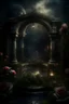 Placeholder: magical overgrown secret garden, roses, ivy, fountain, twilight, moon, stars dark tones, warm tones