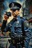 Placeholder: A movie poster of a police officer low to up camera shots in the style of oil painting