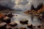 Placeholder: Cloudy day, lake, rocks, begginer's landscape, 2000's sci-fi movies influence, friedrich eckenfelder, and willem maris impressionism paintings