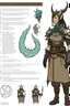 Placeholder: a female dragonborn inventor OC reference sheet, lightly armored