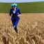 Placeholder: theresa may in robot armour, running through fields of wheat, sunshine, daytime, dystopian