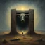 Placeholder: High concept art, horror movie aesthetic, by Zdzislaw Beksinski and Gabriel Pacheco, fine matte oil painting, in an empty field guarding a surreal standalone wooden doorway revealing a portal of brilliant light is a fearsome minitour holding an axe who has a television set on his head broadcasting a picture of a bull head, sinister, concept art, oddball masterpiece, sfumato, complex contrast,