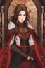 Placeholder: A (((beautiful woman with long, brown hair and red eyes))), in the Witcher universe, anime style, highly detailed, representing a (((royal medieval concubine))), clad in intricate ((red and black clothes)), set against a (detailed, anime-inspired backdrop)