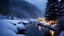 Placeholder: fir forrest scenery, heavy mist,valley,creek,forest,christmas lanterns,tree,,nature,night,snow,fir tree,high-quality photograph