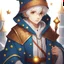 Placeholder: 4K, Fantasy World, A boy only wearing a closed wizards robe, and wearing a wizards hat. White Hair. Golden Eyes with no pupils.