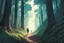 Placeholder: a lone woman trekking through a spirit haunted forest pierced by shafts of morning light , art in the style of spirited away, studio ghibli, 8k , finely detailed and precise line work