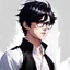 Placeholder: mysterious youthful Russan male, man, dark and intriguing, confident, intense, handsome, anime style, retroanime style, dark black short hairs, white shirt, white paint background, glasses for vision, white man,