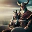 Placeholder: Viking theme, a younger woman sitting next to a 50-year-old man, portrait, 8K, close-up face, anatomically perfect face, Highly detailed stunning full frame portrait, misty and cloudy atmosphere