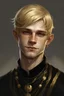 Placeholder: A young half elf man with White-Blonde, short hair, black eyes, dressed in black and gold with lots of jewelry, hero 30 years old