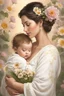 Placeholder: A mother holding a baby with love and compassion, great quality picture show flowers in the background in a romantic scene