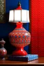 Placeholder: Portuguese tiles pattern ceramic vase with a red big lampshade