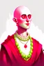 Placeholder: full lengthtall 22-year old, shaved head, grey-eyed female cleric wearing red beads