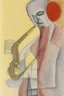 Placeholder: Pencil drawing and watercolour by Barbara Hepworth and Paul Klee grey and gold and red of a man playing the saxophone