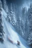 Placeholder: Man on skees trying to escape the avalanche coming down a the slope. Intense action with a sense of stress. High resolution 3d, 8k, trending on artstation. The snow in the background is overwhelming and the air is thick like smoke.