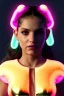 Placeholder: Rosalía artist, Realistic image, natural waist up portrait, perfect eyes, glow, circle iris, eye liner. pigtails hair, face, spray line make up, glow. lips, gold. big rings piercing, led ornament, pearls. coat, latex, inflatable, hot, led lights, minimal, neon, pink, blue, gold, vibrant color, highly detailed, art stations, concept art, smooth, unreal engine 5, god lights, ray tracing, RTX, lumen lighting, ultra detail, volumetric lighting, 3d, finely drawn, high definition, 4k.