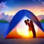 Placeholder: 2 lovers last kiss in sand island with tent and river background