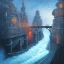 Placeholder: spray painted fantasy art, book illustration, close up on big wolf wizard,the stairs of a bridge or dam ,icy water, on the bridge,evening, birds eye view