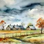 Placeholder: November cloudy gloomy rainy day at the farm, loose watercolor style