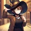 Placeholder: Clear focus, High resolution, short brown spiky hair, hair between eyes, eyes closed, wearing a brown detective hat, wearing a brown jacket and a black shirt, wearing black shorts, 1girl, pulling hat down, smiling