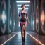 Placeholder: A full-body shot of a beautiful lady wearing beautifull tight pants and pretty color short dress with short boots ,short hair,idle pose in recursive 3d fractal hall