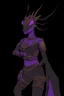 Placeholder: a black and purple, female argonian artificer who uses Tesla coils as weapons, skinny, lightly armored