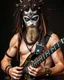Placeholder: A guitar player look like Tribal warrior; White skinned; metal orbs for eyes.