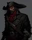 Placeholder: demonic rogue criminal, gunslinger pirate pistol, gray ashen skin, small ram horns, pirate gear, red eyes, black neck length hair, short black beard