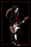 Placeholder: goth girl(dressed as the grim reaper) rockin' on the guitar, leaning back, dark background, red outline, vignette