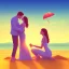 Placeholder: 2 lovers last kiss in sand island with tent and river background