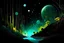 Placeholder: unexplored worlds, fabulous, space, microdetalization, drawing details, clear contours, color illustration, stardust, mystical landscape, curved trees, dark fantasy, multicolor, detailed, 3d, aesthetics of the universe, black, gold, green neon, colorful. moon, forest, lake, transparency of the environment, volumetric, fog, white haze