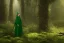 Placeholder: green robed blindfolded elf in forest hiding behind a tree, highly detailed, 8k, atmospheric lighting, trending on artstation