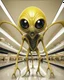 Placeholder: Distorted large yellow insectoid alien black eyes, in a mall, sci-fi art, graphic design, digital illustrated scene, alien art, high strangeness, absurdist, cartoonists