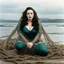 Placeholder: Kat Dennings as a sirena , poised on hands and knees in a fishing net, the overcast sky in the background, vintage 1980's photo
