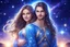 Placeholder: cosmic couple of beautiful women with long hair, light eyes and blue brightness tunic, with a little sweety smile, with his boyfriend as a sweety strong cosmic warrior in peace. in a background of stars and bright beam in the sky