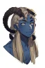 Placeholder: A tieffelin with blue skin and white Dreadlock hair. His pupil-less eyes are green. He wears a small beard. His horns are black and curved backwards. He wears a beige tunic.